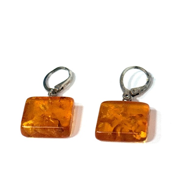 Vintage Natural Amber Square Dangle Earrings Leverback Silver Gemstone Jewelry - Picture 16 of 16